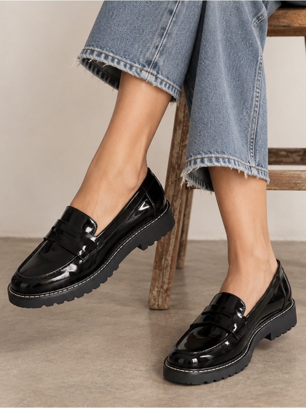 Franco Sarto Black Patent Lug Sole Penny Loafers Size 8.5